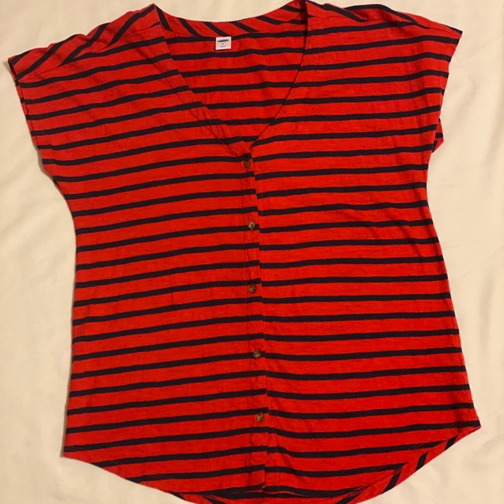 Medium red and navy striped button-up shirt